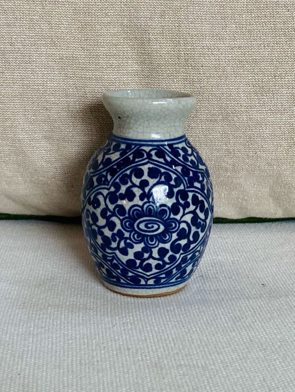 Vintage Thai Blue & Gray Stoneware Bud Vase - Hand Painted Floral Chinoiserie